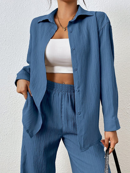 2pcs Women Spring & Autumn Casual Solid Color Long Sleeve Shirt And Pants Set