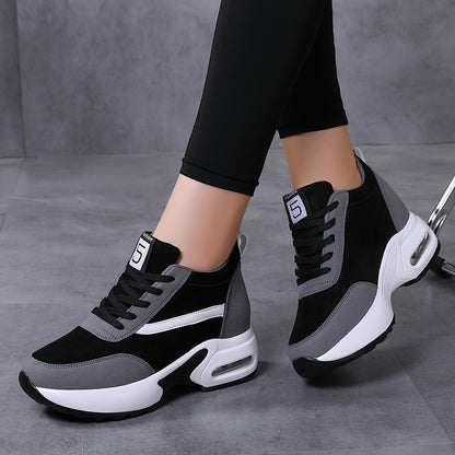 Women's Lace-up Front Chunky Sneakers With Air Cushion, Fashion Platform Sneakers With Hidden Heel For Outdoor Walking