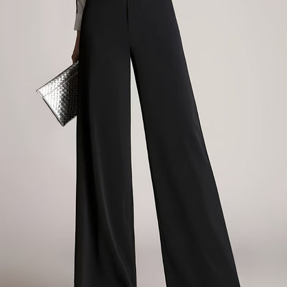 Women'S High-Waist Wide Leg Pants, Casual Solid Color Polyester Blend (94% Polyester, 6% Elastane), All-Season Straight Leg Trousers with Double Button Detail, Zipper Fly Closure, 200g/m² Woven Fabric, Perfect for Going Out
