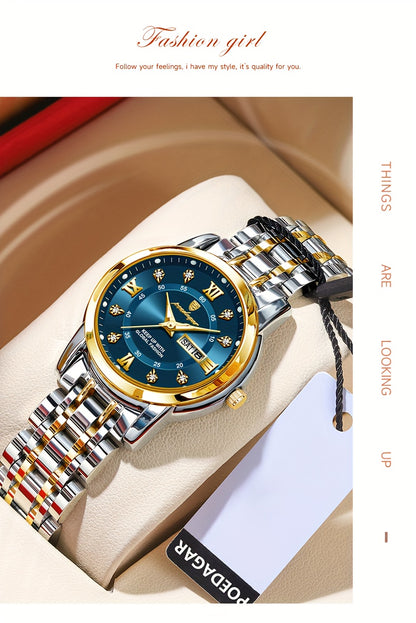 POEDAGAR Elegant Stainless Steel Quartz Watch for Women, Luminous Calendar, Round Alloy Case, Trendy Korean Style, Non-Rechargeable Battery, Watch Accessories