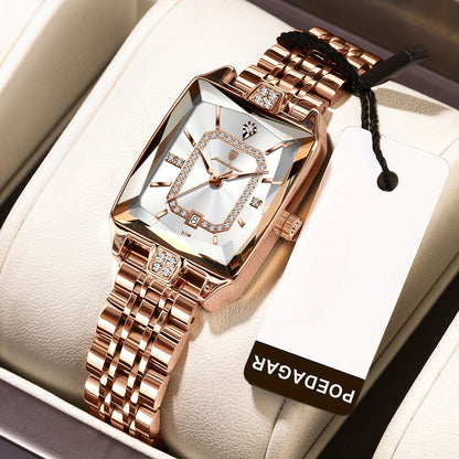 POEDAGAR Elegant Women's Quartz Watch - Rose Golden Stainless Steel, (3ATM), Square Dial with Gemstone Accents, Date Display, Luxury Fashion Accessory for Casual or Formal Occasions