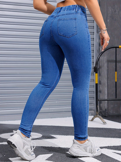 Women's High Stretch Skinny Jeans, Casual Solid Color Washed Denim, with Polyester and Elastane Blend, for All-Season Wear
