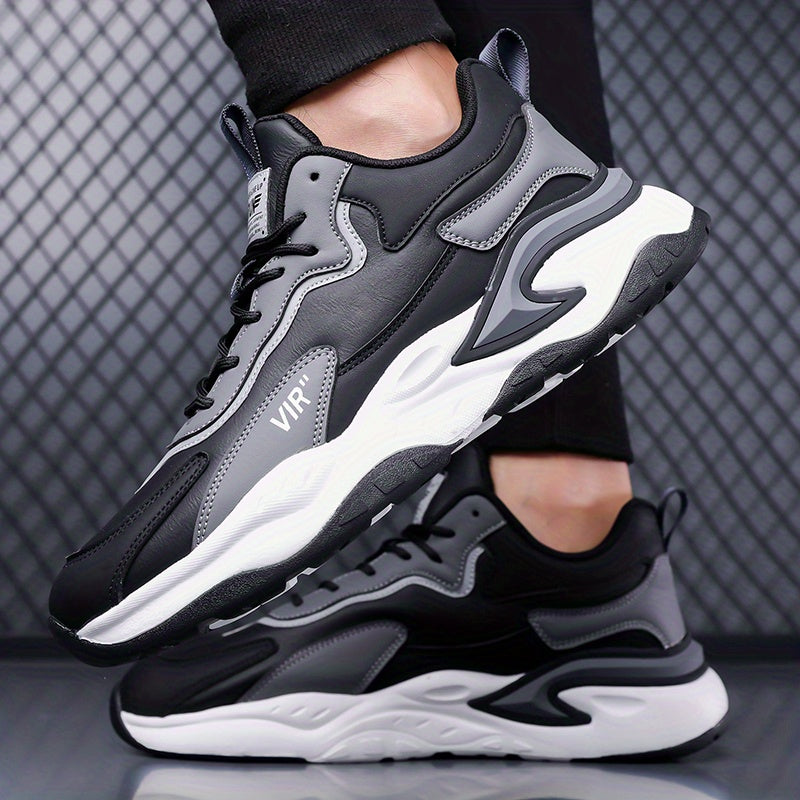 Men's Stylish Color-Block Sneakers - Black & Gray with White Accents, Comfortable All-Day Wear, Durable Rubber Sole, Lace-Up Design, Trendy Low-Top Style for Casual or Athletic Use, Casual Sneakers | Fashion Sneakers | Pu Mat