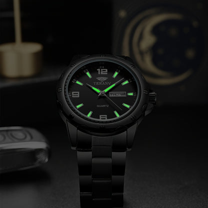 Elegant Men's Stainless Steel Quartz Watch - IPX7 High Quality, Luminous Hands, Date & Day Display, Business Casual Sporty Design for Everyday & Water Activities, Versatile Wristwatch, Sleek Strap Design, Glowing Markers