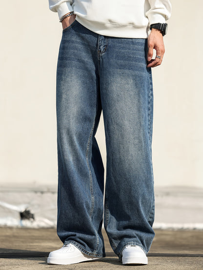 Men'S Casual Loose Fit Wide Leg Denim Jeans, Cotton Blend, Non-Stretch, Solid Color, with Pockets, for All-Season Wear, Fashionable Street Style Trousers