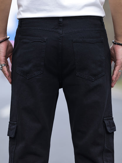 Loose Cotton Blend Men's Solid Wide Leg Pants, Men's Casual Denim Pants, All Seasons