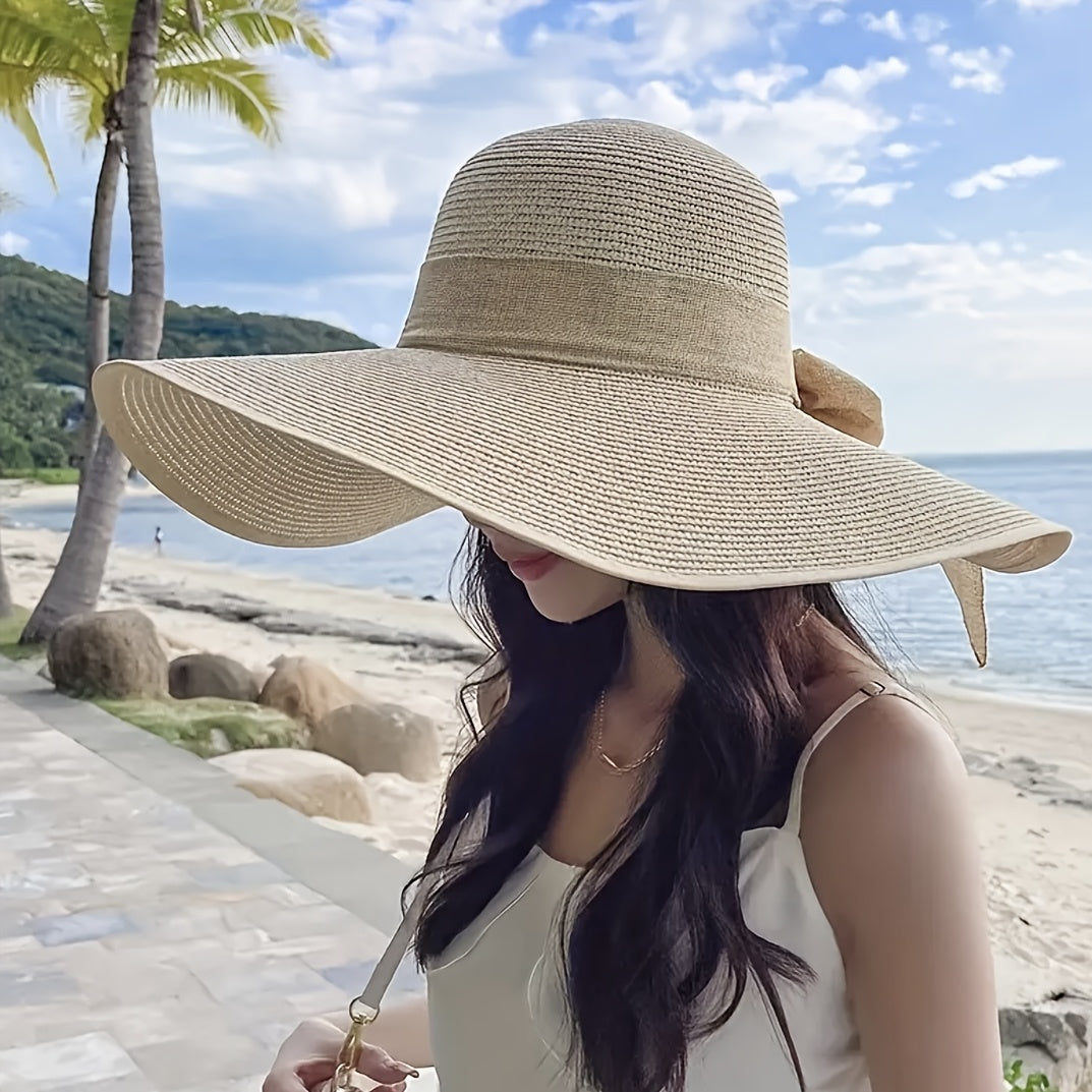 Women's wide-brim bow hat, suitable for all four seasons, foldable and breathable versatile cap