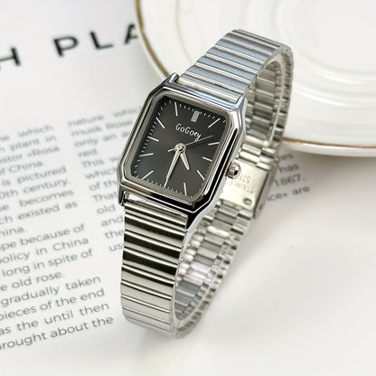 1pc Women Gold Stainless Steel Strap Fashion Square Dial Quartz Watch, for Daily Life, Holiday gift