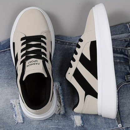 Men's Casual Athletic Sneakers - Comfortable Low-Top Lace-Up Shoes with Geometric Design, Black & Beige, EVA Sole, Microfiber Upper for Casual Attire and Sports