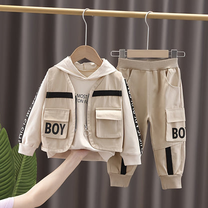3pcs Boy's Letter Print Hoodie Outfits, Casual Hoodies Long Sleeve Pullover Hooded Sweatshirt & Pants & Vest Set, Ideal For Daily & Outdoor Wear
