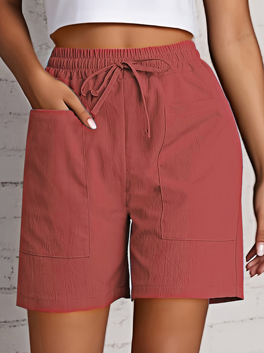Women's Beige Cargo Shorts - Casual & Stylish, Solid Color with Drawstring Waist and Pockets, Polyester Blend, Machine Washable, All-Season Comfort