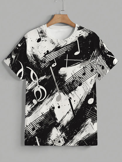 OBM Men's Casual Short Sleeve T-Shirt - Music Note & Splatter Print Design, 100% Polyester, Breathable Summer Tee, Regular Fit, Machine Washable, Musicthemed Apparel, Smooth Texture Fabric