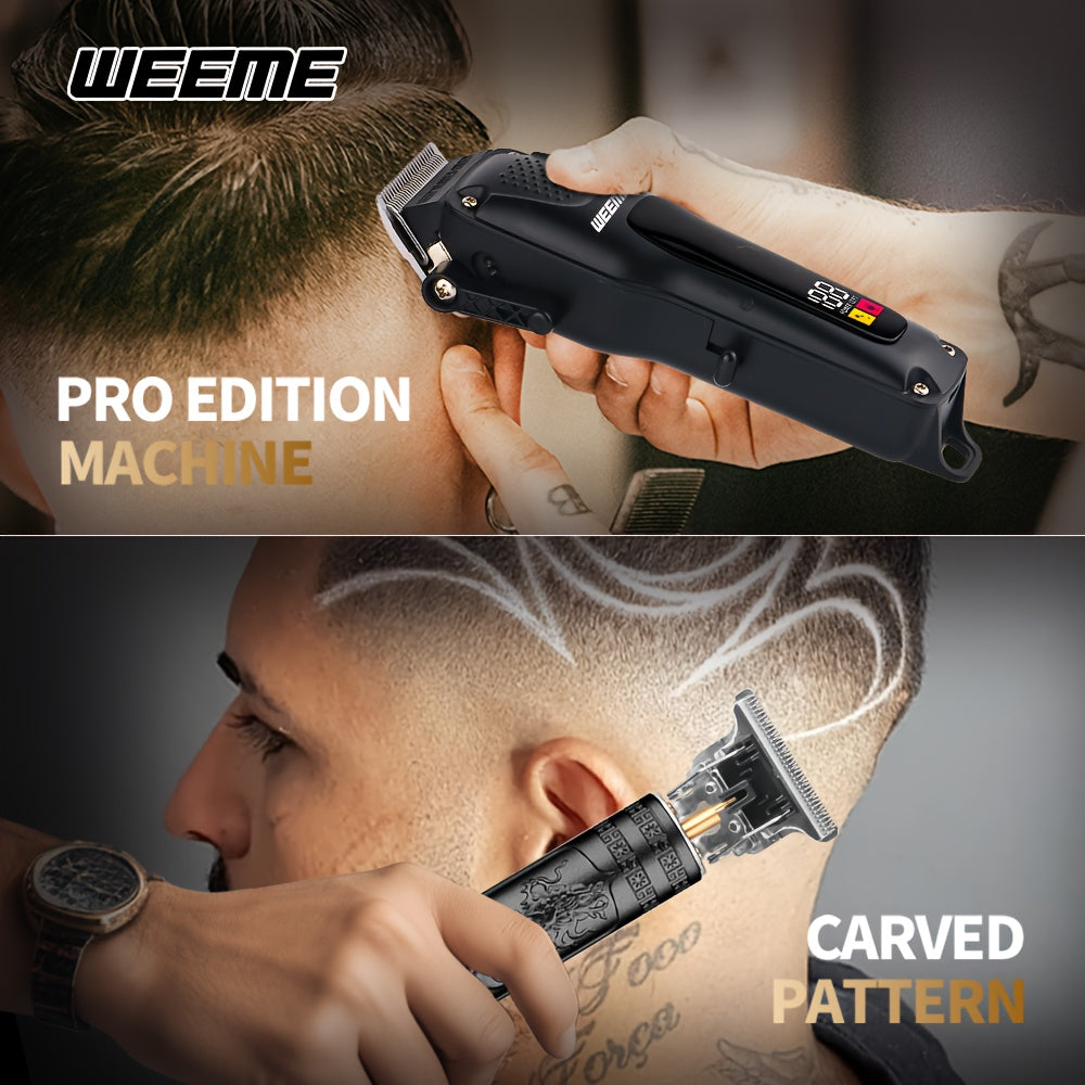 WEEME 3pcs Men's Grooming Kit: Black USB Rechargeable Electric Clipper + T-Blade Trimmer + Shaver Combo, featuring an LCD display and anti-slip textured design for precise haircuts, beard trimming, and sideburns styling—per