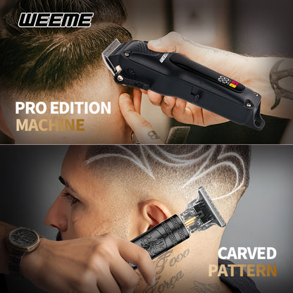 WEEME 3pcs Men's Grooming Kit: Black USB Rechargeable Electric Clipper + T-Blade Trimmer + Shaver Combo, featuring an LCD display and anti-slip textured design for precise haircuts, beard trimming, and sideburns styling—per