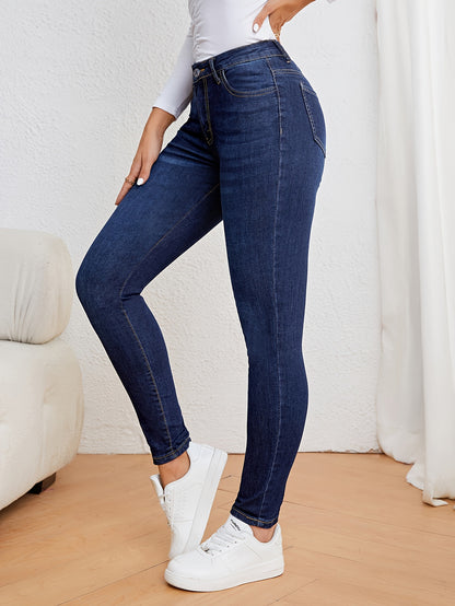 Women's Casual Plain Light Blue Skinny Jeans, Stretchy Denim Pants, Classic Design, High Waist Slim Fit For Everyday Fashion - Perfect For Fall & Winter