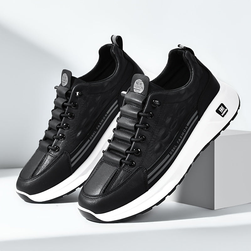Men's Breathable Casual Sneakers - Comfortable, Versatile & Stylish Shoes for Running, Sports & Casual Attire, Black with White Accents, PU Upper & PVC Sole, Round Toe, Lace-Up Design, All-Season Use