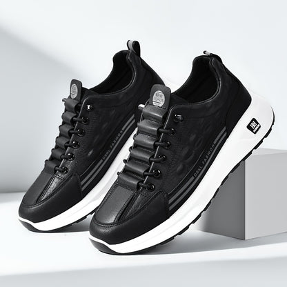 Men's Breathable Casual Sneakers - Comfortable, Versatile & Stylish Shoes for Running, Sports & Casual Attire, Black with White Accents, PU Upper & PVC Sole, Round Toe, Lace-Up Design, All-Season Use