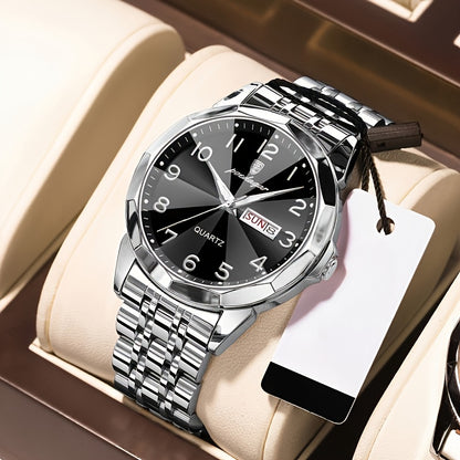 1pc BINBOND Men'S Fashion Watch, Luxury Dual Calendar Quartz Wristwatch, Business Style, Round Alloy Case, Stainless Steel Strap, Water-Resistant, Luminous Pointer Display, Battery Powered, Perfect for Valentine's, Christmas,
