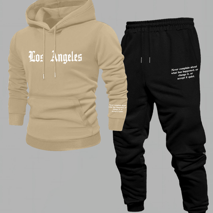 Men'S Los Angeles Print Hoodie And Sweatpants Set - Casual American Streetwear Style, Cozy Fall/Winter Activewear with Geometric Pattern, Slight Stretch Fabric, Hooded Top & Joggers, Casual Wear|Geometric Pattern Hoodiee Jogg