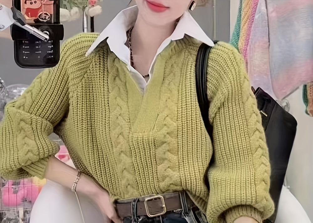 2 In 1 Contrast Color Collared Sweater, Chic Cable Knit Long Sleeve Polo Sweater For Fall & Winter, Women's Clothing