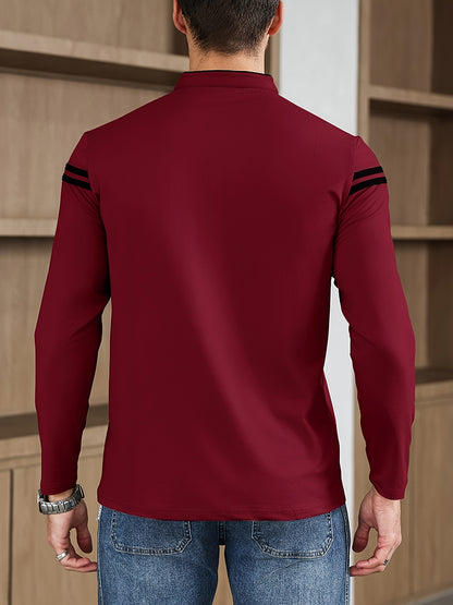 Men'S Casual Long Sleeve T-Shirt - Solid Color with Stand Collar & Stripe Polo, Button-Up Front, Ideal for Outdoor Activities