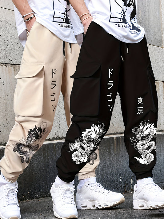 2pcs set Men's casual large pocket overalls elastic waist drawstring printed flower pants for spring and autumn season, for Autumn, Spring