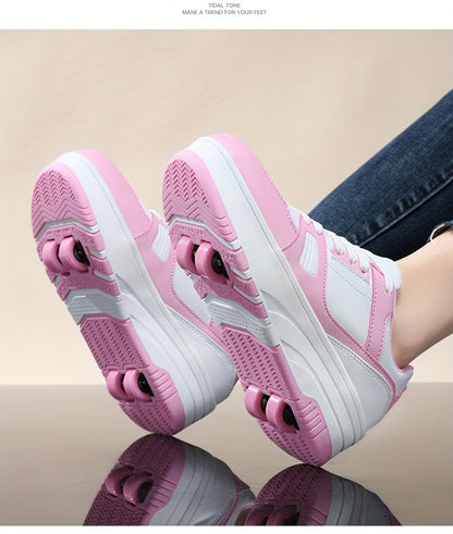 Boys' Fashion Roller Skate Footwear - Non-Slip Dual Wheel, Lace-Up with Durable Buckle Straps, Black & White, Suitable for All Seasons