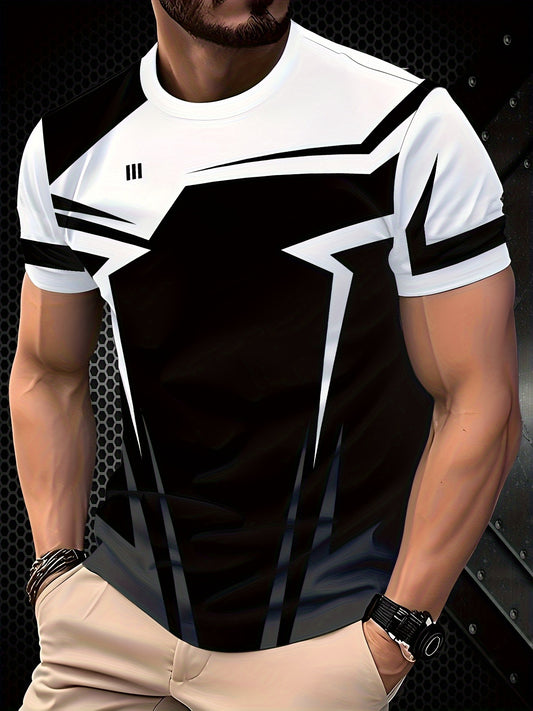 Men's Geometric Patchwork T-Shirt - Black & White Contrast Design, Breathable 100% Polyester, Regular Fit Casual Summer Tee, Machine Washable