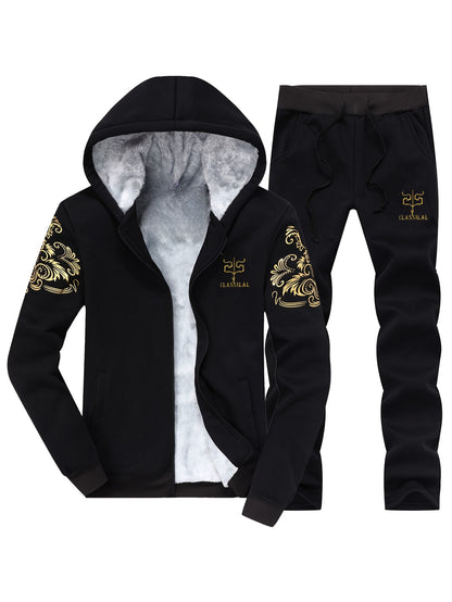 Autumn and Winter Men's Sports Casual Suit Men's Plus Velvet Thickened Hooded Sportswear Cardigan Fitness Suit Warm Home Wear