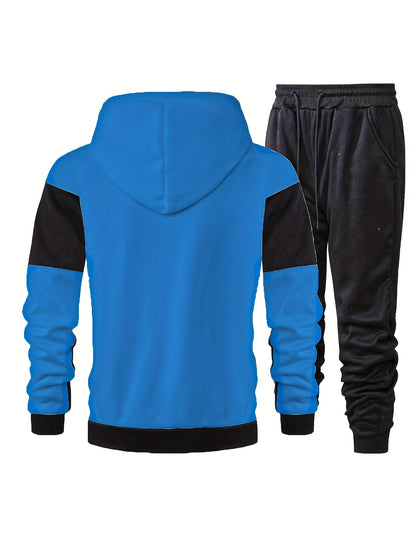Elson OBM Men's Autumn and Winter Sportswear Set, Men's Color Block Long Sleeve Hooded Zip-Up Jacket with Solid Drawstring Joggers Outdoor and Sports Outfit... Top Bottoms Set