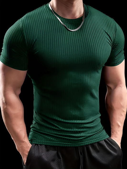 Men's Stretch Fit Short Sleeve T-Shirt - Breathable, Comfortable Polyester Blend, Solid Blue, Crew Neck, Casual & Sporty Style for Spring/Summer