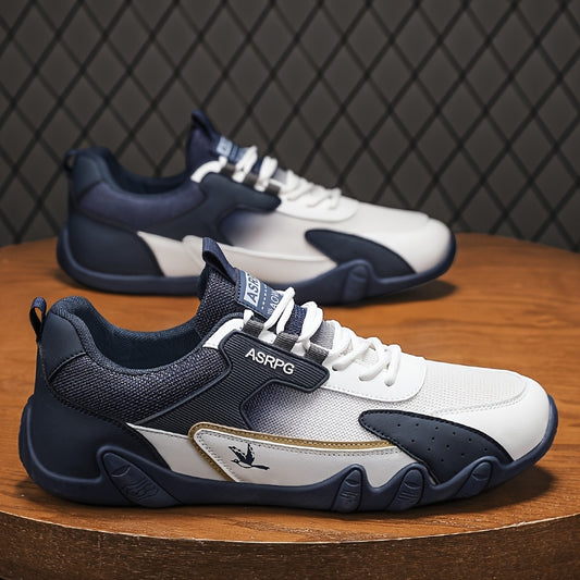 Men's Breathable Low-Top Casual Sneakers - Sporty Lace-Up Walking Shoes with Navy/White/Golden Accents, All-Season Outdoor & Everyday Comfort, Durable Fabric Upper & PVC Sole, Comfortable Footwear, Sleek Shoe Design, Lightwei