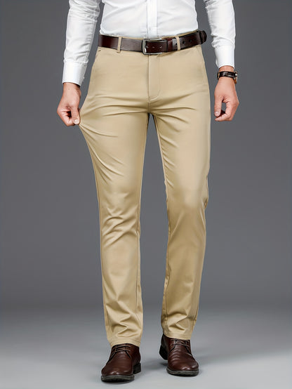 Men'S Stretch Fit Straight-Leg Trousers - Beige Business Casual Pants with Elastic Waistband, Perfect for Spring & Fall, Office Attire|Sleek Formal Attire|Comfortable Fit