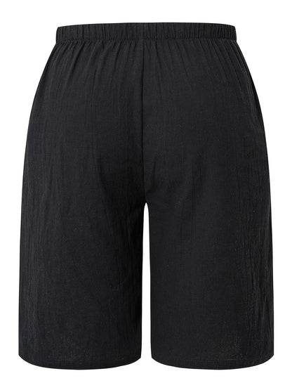 Women'S Casual Solid Color Shorts, 100% Polyester Woven Fabric, All-Season Beach Pants with Fake Drawstring, 126g/m² Weight - Black