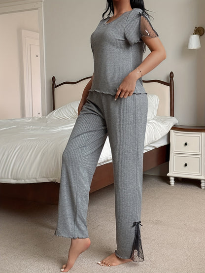 Women'S Elegant Gray Lounge Set with Short Sleeves, Round Neck, and Floral Embroidery - Perfect for Spring/Summer, Includes Matching Shorts and Long Pants, Comfortable Home Wear, Relaxed Fit, Casual Wear | Floral Embroidery T