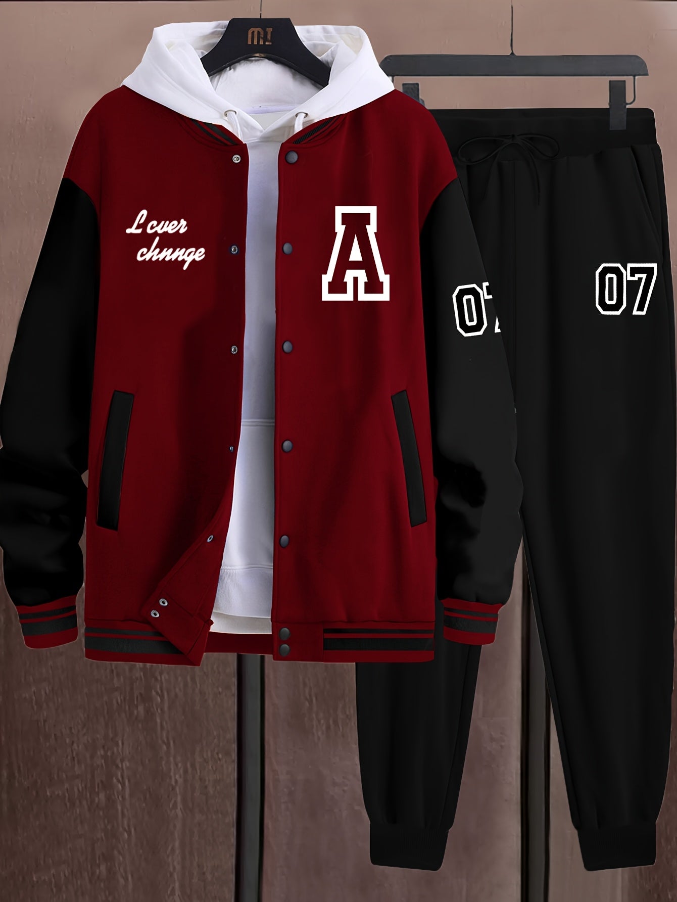 Men'S A07 Sporty Casual Baseball Outfit - Black & White "A" Print Jacket with Pockets, Matching Pants, Polyester Blend, Fall/Winter Wear, Casual Sportswear | Letter Print Jacket | Knit Construction, Baseball Attire