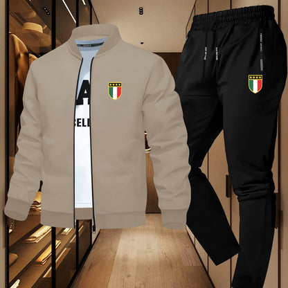 Men'S Trendy Design Jacket Two-Piece Suit with Five-Pointed Star Print, Casual Youth Casual Sports Jacket Suit