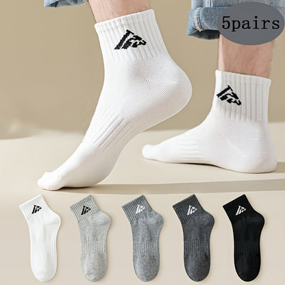 Mountain Pattern 5 Pairs Solid Men's Crew Socks, Breathable Comfy Casual Socks Versatile Fashion Sports Socks For Outdoor Fitness Basketball Running