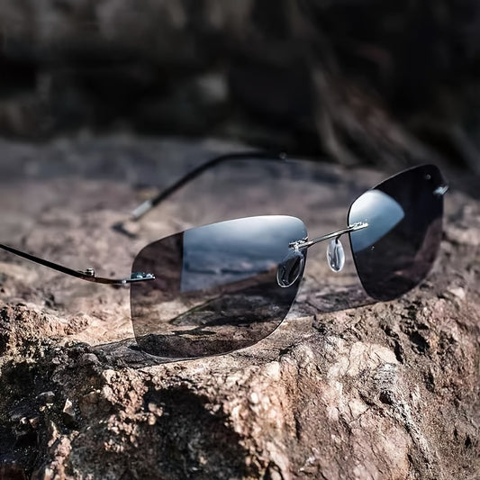 Ultra-Light Rimless Photochromic Square Metal Frame Glasses for Men - Casual Style, Color-Changing, PC Lenses, Iron Frame, Perfect for Driving & Everyday Decor