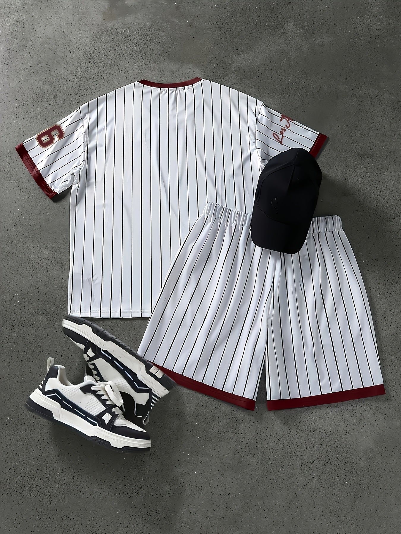 2pcs Set, Men'S Plus Size Los Angeles 66 Print T-Shirt + Shorts - Casual Sportswear, Breathable Stretch Knit Fabric, Crew Neck, Machine Washable, Black and White Diagonal Stripe, Party Clothing | Casual Style | Comfort Fit, L
