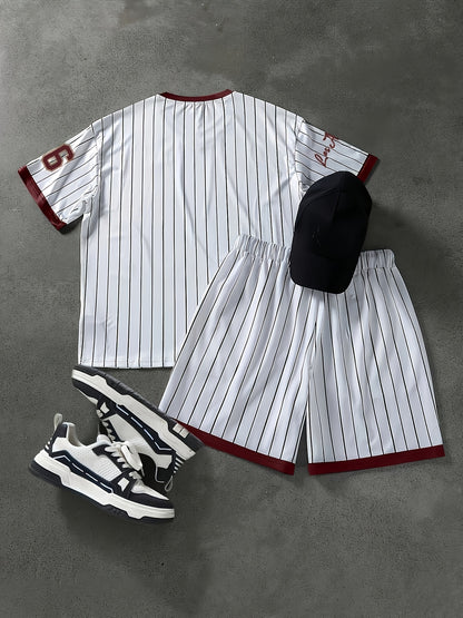 2pcs Set, Men'S Plus Size Los Angeles 66 Print T-Shirt + Shorts - Casual Sportswear, Breathable Stretch Knit Fabric, Crew Neck, Machine Washable, Black and White Diagonal Stripe, Party Clothing | Casual Style | Comfort Fit, L