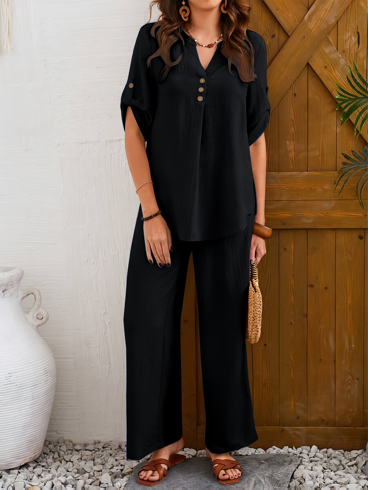 Women'S Large Size Elegant Wide Leg Pants Short Sleeve Top Set with Fake Buttons, YUKIWI