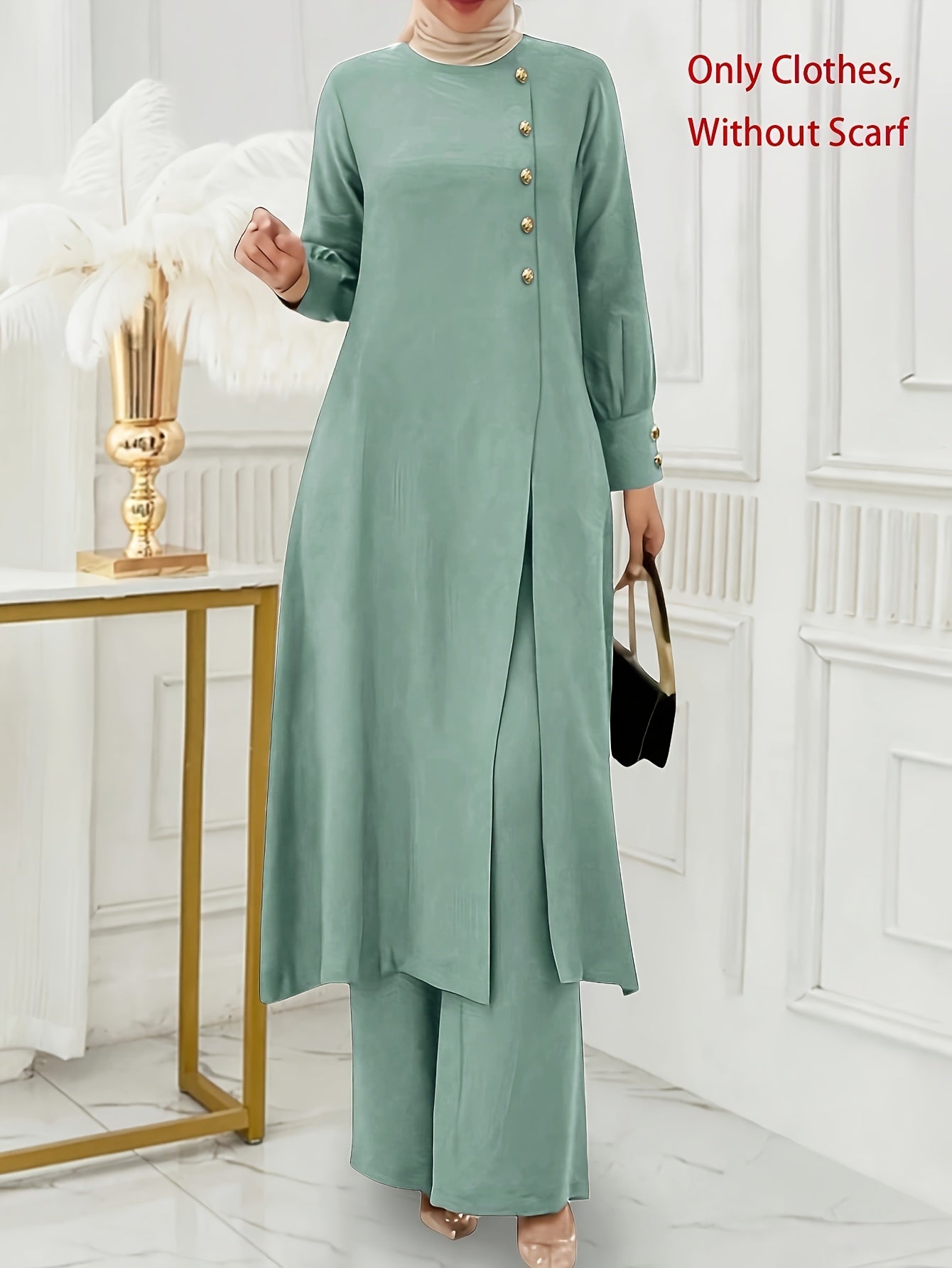Ramadan, Women's Front-Button Long Sleeve Slit Dress & Pants Casual Arabic Style 2pcs Set, Only Clothes, Without Headscarf