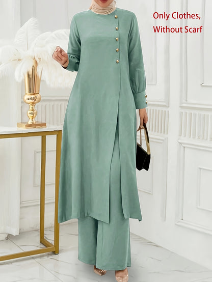 Ramadan, Women's Front-Button Long Sleeve Slit Dress & Pants Casual Arabic Style 2pcs Set, Only Clothes, Without Headscarf
