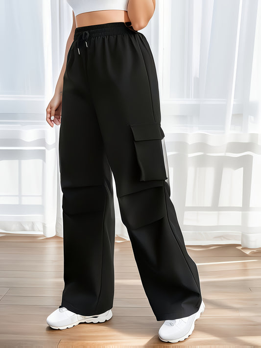 Women's Casual Cargo Pants with Multiple Pockets & Adjustable Drawstring Waist - Black Straight-Leg Workwear-Style Trousers for Spring Summer Fall, Machine Washable Non-Stretch Fabric