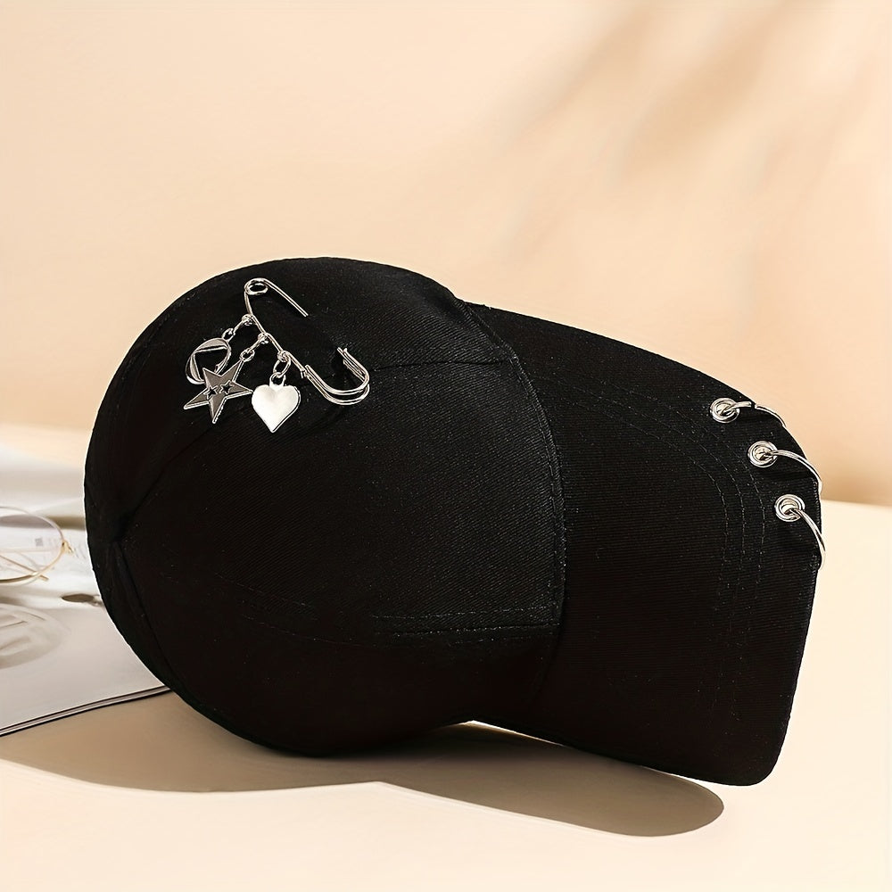 Adjustable Black Polyester Baseball Cap for Women - Trendy Korean Style with Heart & Star Pin, Versatile Fashion Accessory for Spring/Summer, Baseball Cap