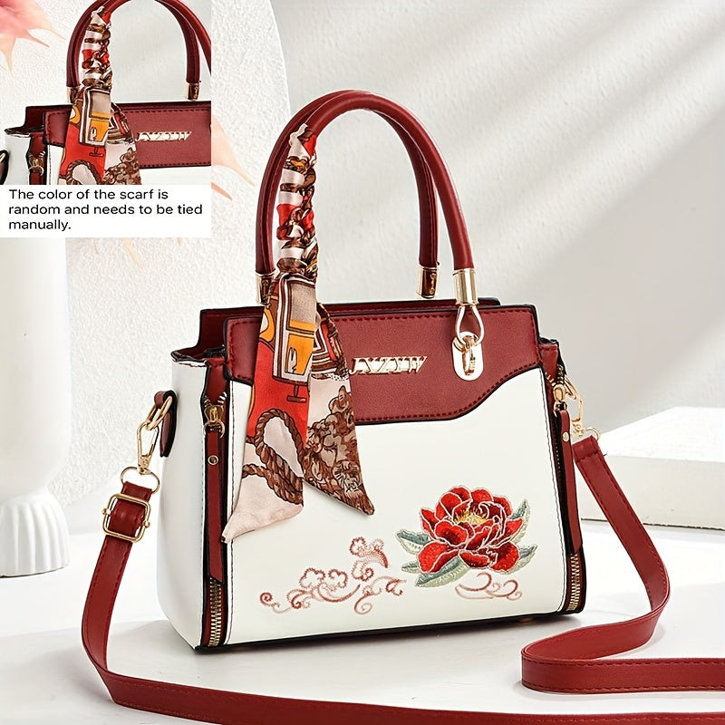 JXZYW Women'S Floral Embossed Large Capacity Tote Bag - Stylish White Shoulder Handbag with Golden-Tone Hardware, Black Handles & Floral Design for Commuting, Shopping, and Casual Outings, Versatile Carryall, Sophisticated Ac