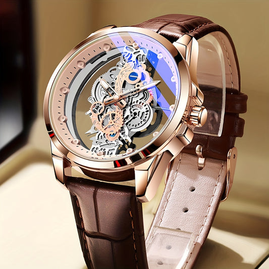 TPW Men's Rose Golden Skeleton Luminous Quartz Watch - Glamorous Luxury Wristwatch with Exposed Movement, Comfortable Metal Band, Father's Day Gift for Him, Luxury Men's Watch | Romantic Watch Design | Rose Golden Finish