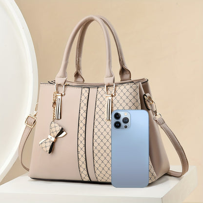 Chic Wo 's Handbag with Large Capacity - Fashionable Plaid Design, Triple-Layer Pockets, Zip Closure - Available in Khaki, Green, Black