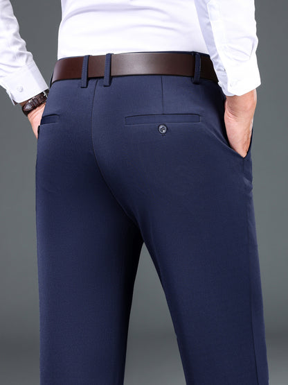 1pc Men'S Warmth Business Casual Pants, Fall/Winter Fleece-Lined Thickened Straight-Leg Trousers with Slant Pockets, Solid Color Knit Fabric Regular Fit Dress Pants with Zipper Closure, Medium Stretch Polyester